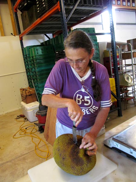 Farmer Margie Pikarsky starts opening up a jackfruit.