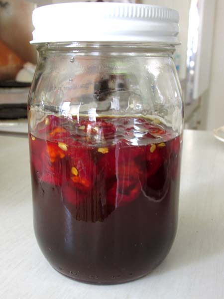 Three large chopped jalapenos in about a cup of raw wildflower honey. The ferment is about two weeks old.